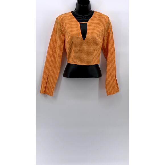BERSHKA Women's Orange-White Gingham Long Sleeve V-Neck Cutout Cropped Top SZ S - Picture 1 of 12